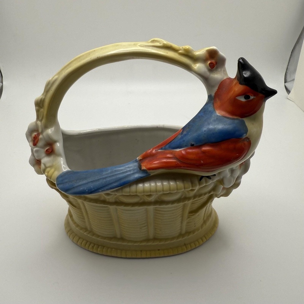 Vintage German Bisque Ceramic‎ Basket Planter w/ Tropical Colorful Bird Germany